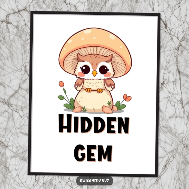 Funny Kawaii owl peeking and winking from behind a giant mushroom, downloadable digital art for instant display.