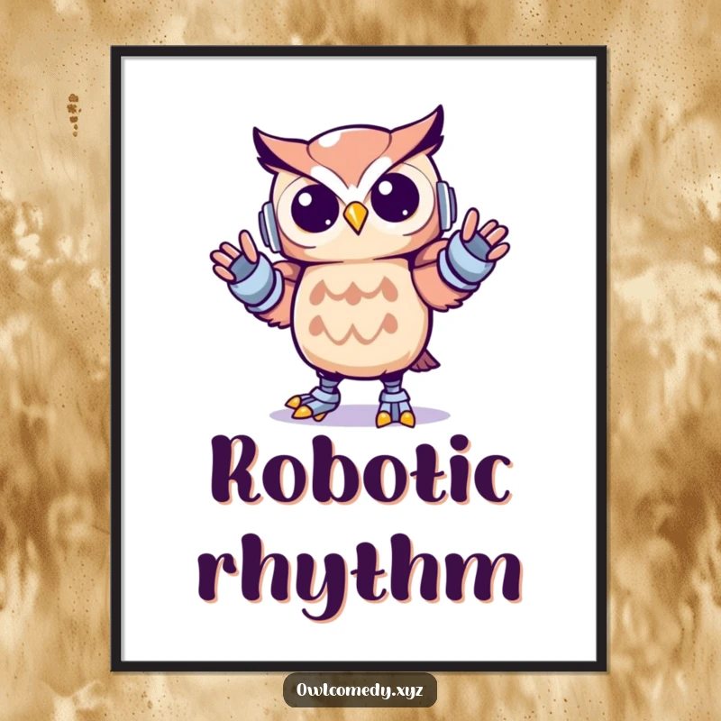 Funny Kawaii owl digital art print of a cute owl performing energetic robot dance moves with stiff, precise motions, ready for download.