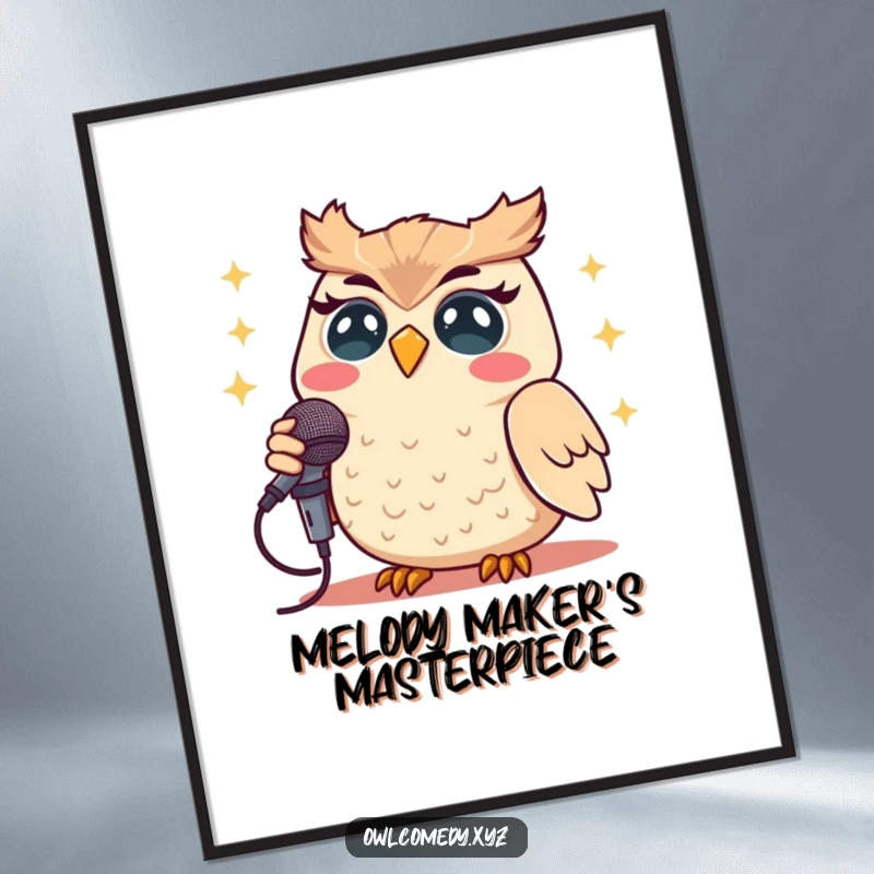 Funny Kawaii owl singing loudly with a smile into a microphone in this joyful and humorous digital art print.