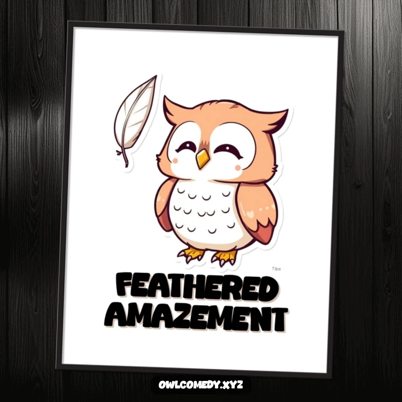 Funny Kawaii owl digital art print, owl surprised by a feather, wide-eyed, whimsical, printable, humorous.