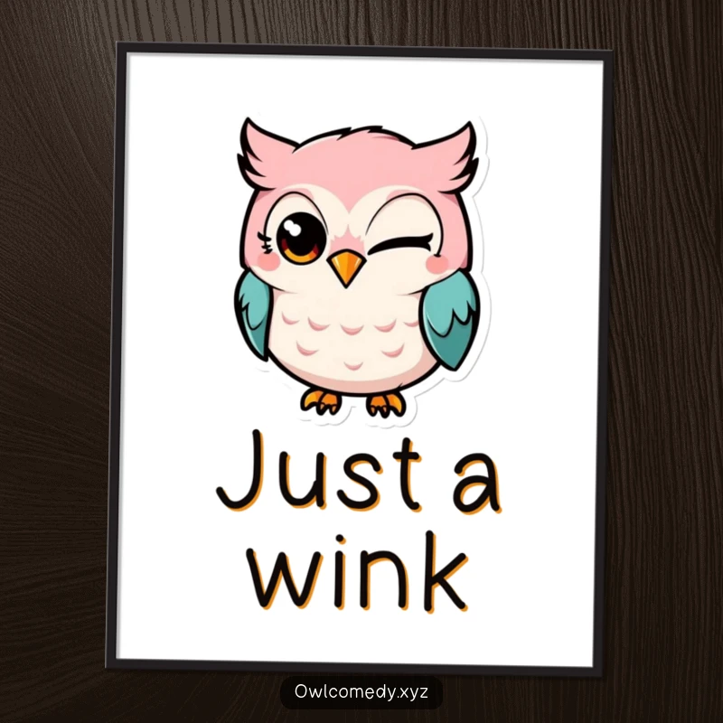Funny Kawaii owl digital art print, owl winking with a grin, mischievous, playful, printable, humorous.