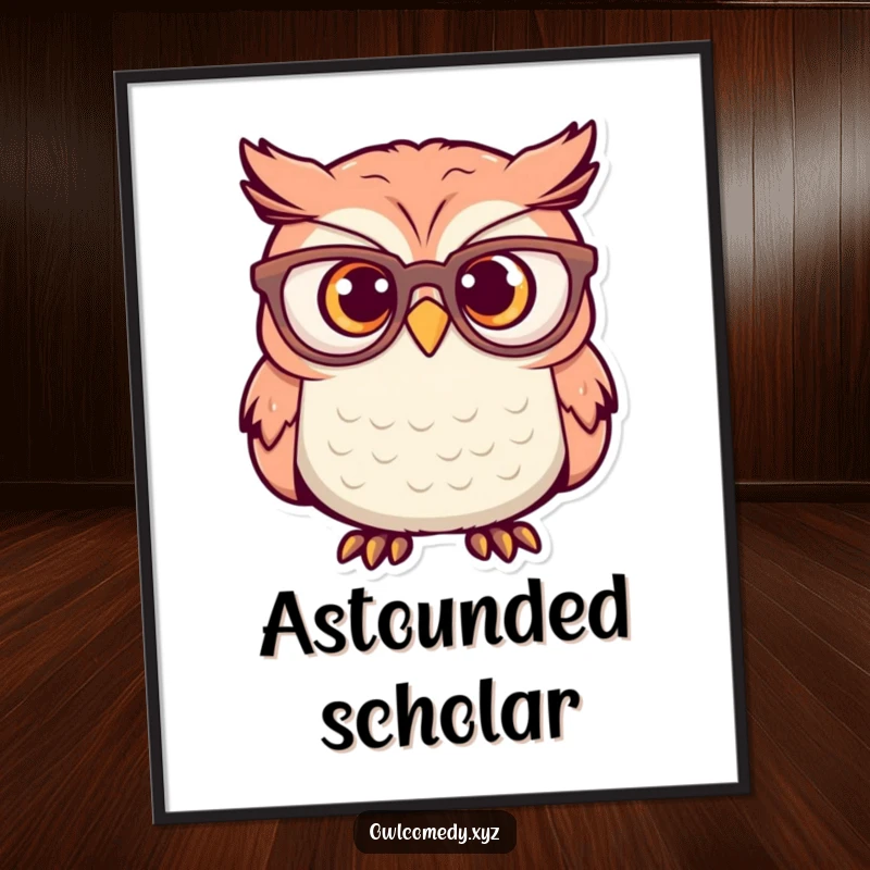 Funny Digital Art Print: An owl wearing oversized glasses has a comically surprised expression, perfect for humorous wall art.