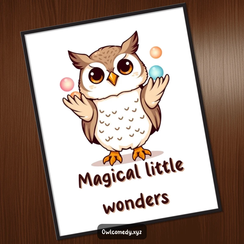 Funny kawaii owl digital art print, playfully juggling three miniature glowing orbs with its talons, a whimsical and humorous artwork.