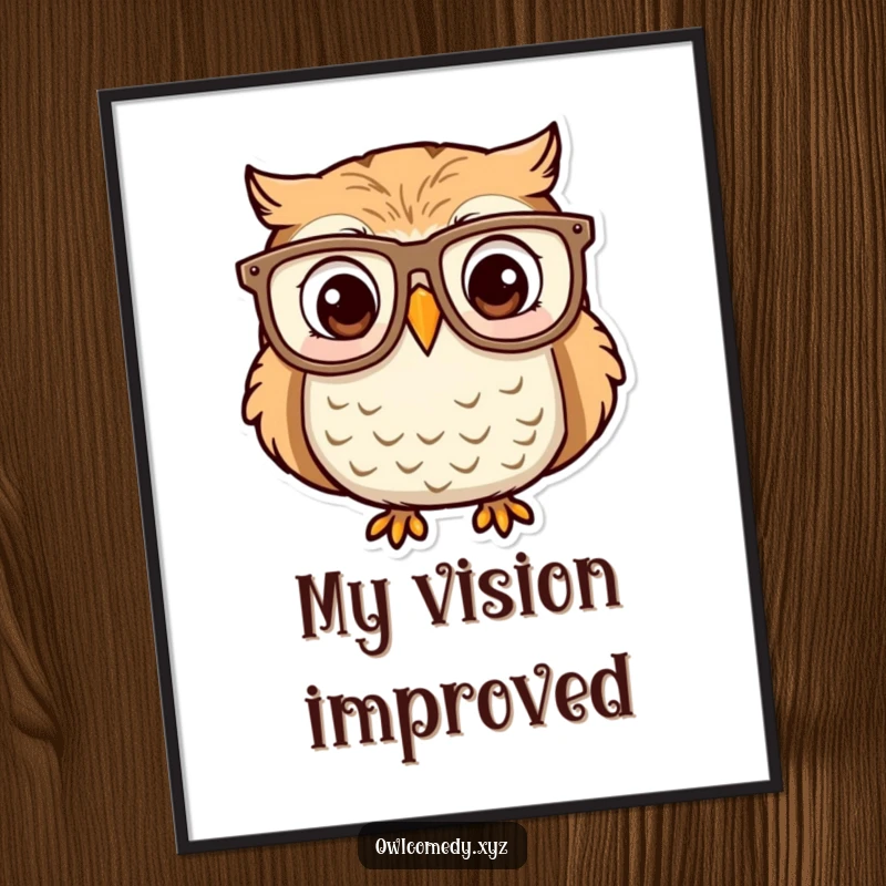 High-resolution digital art print of a funny owl wearing large glasses, with a surprised and delighted expression. Instant wall decor.