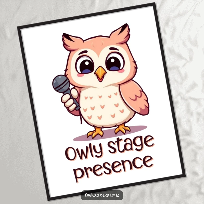 Funny cheerful kawaii owl holding a microphone, head tilted, singing, digital art print, instant download, music decor.