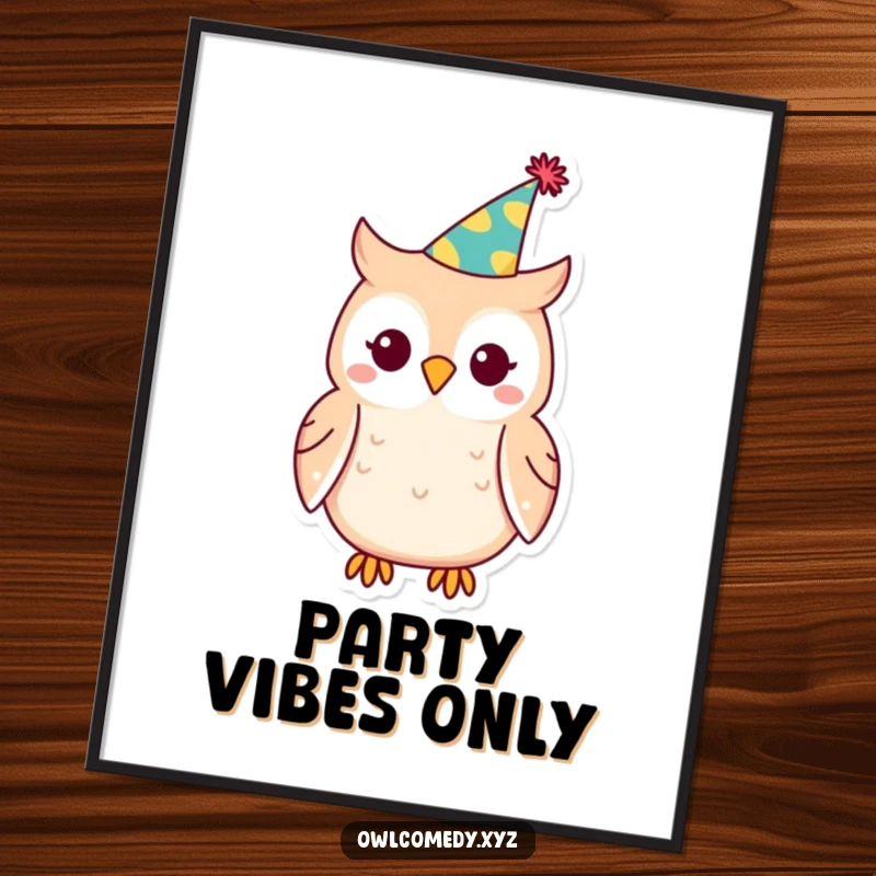 Funny Kawaii owl digital art print, owl wearing party hat, festive, celebratory, printable, humorous.