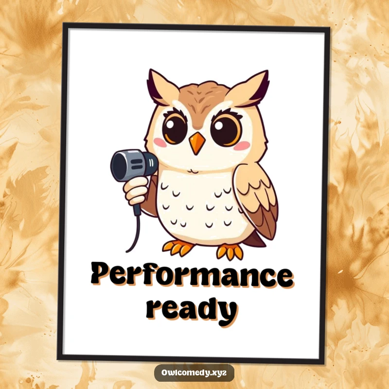 Funny digital art print of a smiling owl holding a microphone, ready to perform, an artistic and humorous piece.