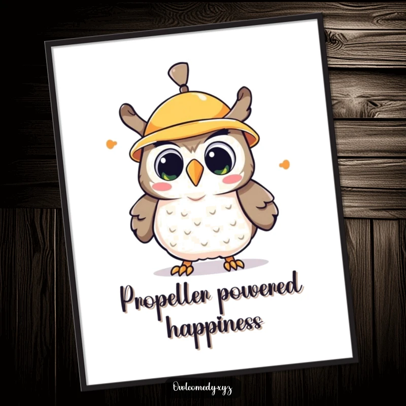 Funny kawaii owl digital art, an owl wearing a propeller hat spinning wildly, with a delighted and surprised expression.