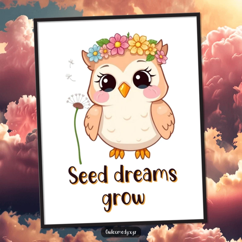 Funny digital art print of a giggling owl wearing a flower crown, blowing dandelion seeds, bringing whimsical cheer to any room.