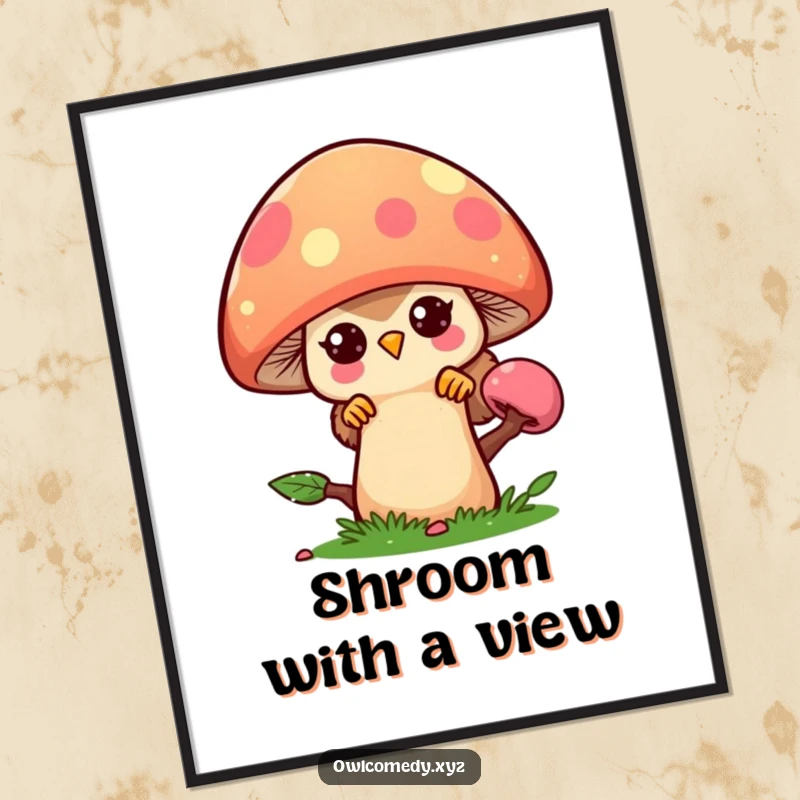 Funny kawaii owl peeking playfully from behind a large, colorful mushroom, as a printable digital art piece.