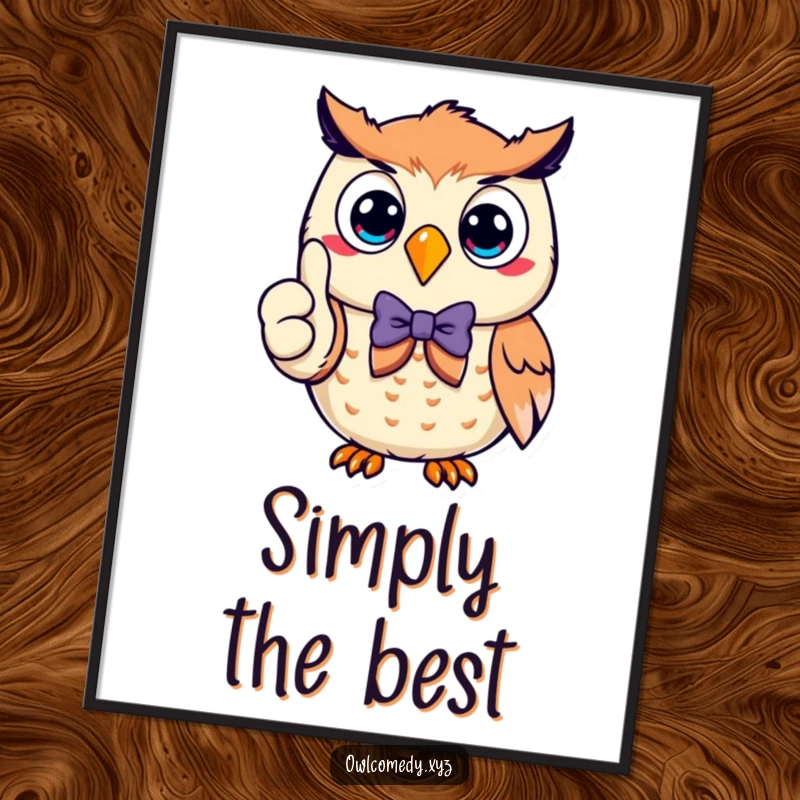 Funny smiling owl wearing a bow tie, giving a thumbs up, as a downloadable digital art print radiating dapper humor and positivity.