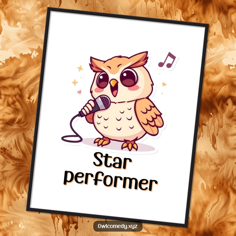 Funny digital art print of an enthusiastic owl character singing into a microphone, bringing a lively musical energy.