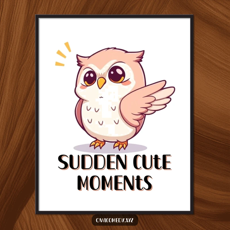 Funny startled kawaii owl digital art print, with one wing outstretched reacting to a popping sound, a dynamic and humorous artwork.