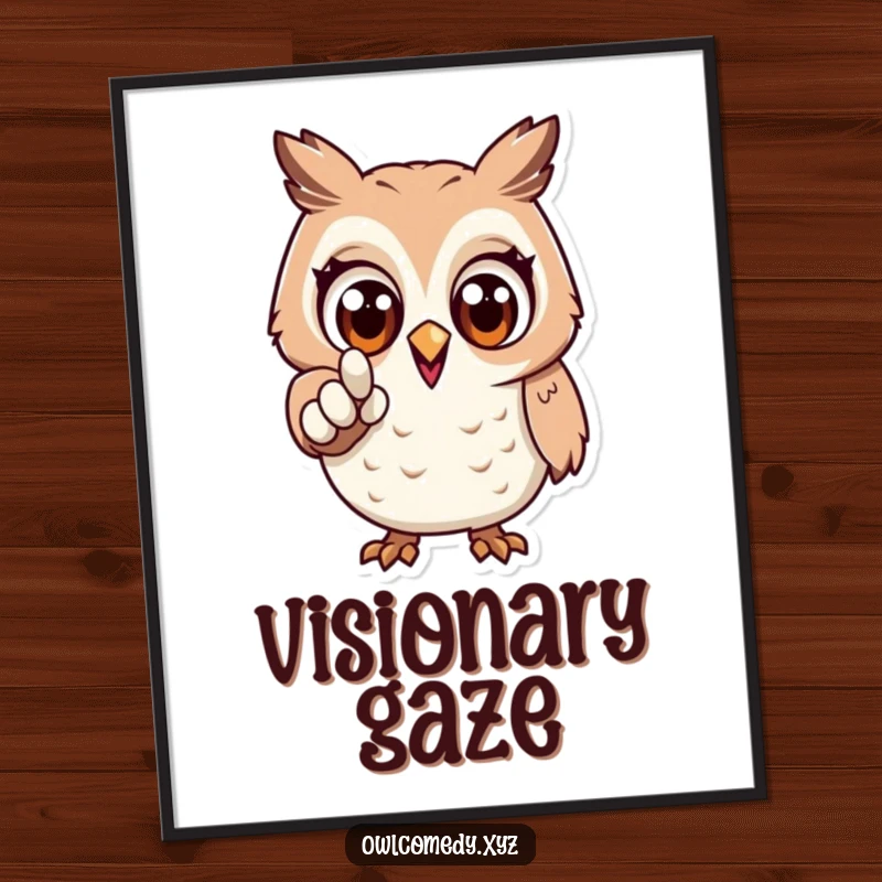 Funny digital art print of an excited owl with wide eyes, pointing forward, conveying energy and purpose.