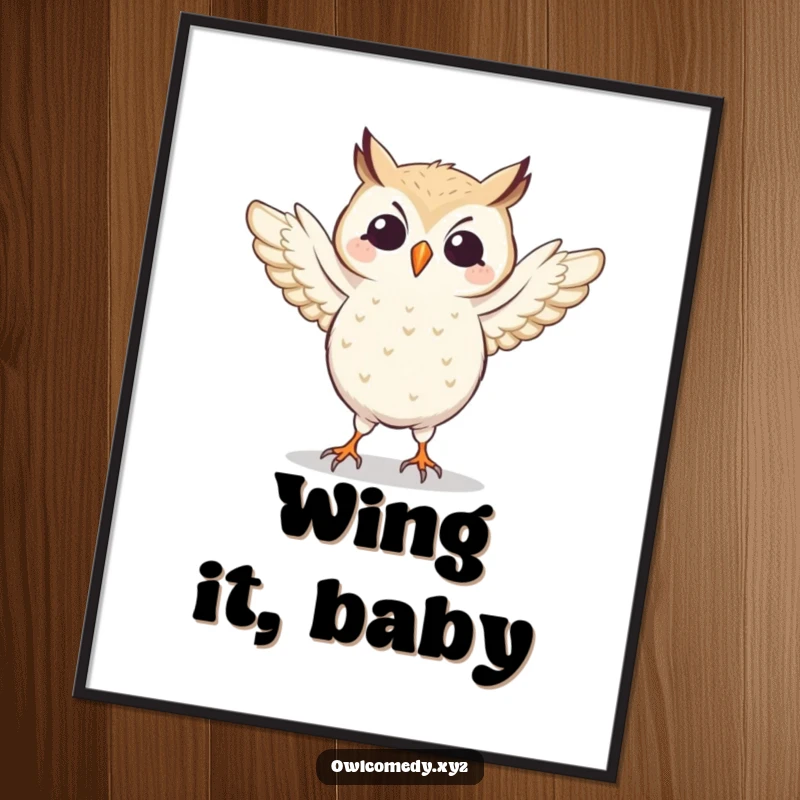 High-resolution digital art print of a funny owl performing a silly dance, wings flapping energetically. Instant wall decor.