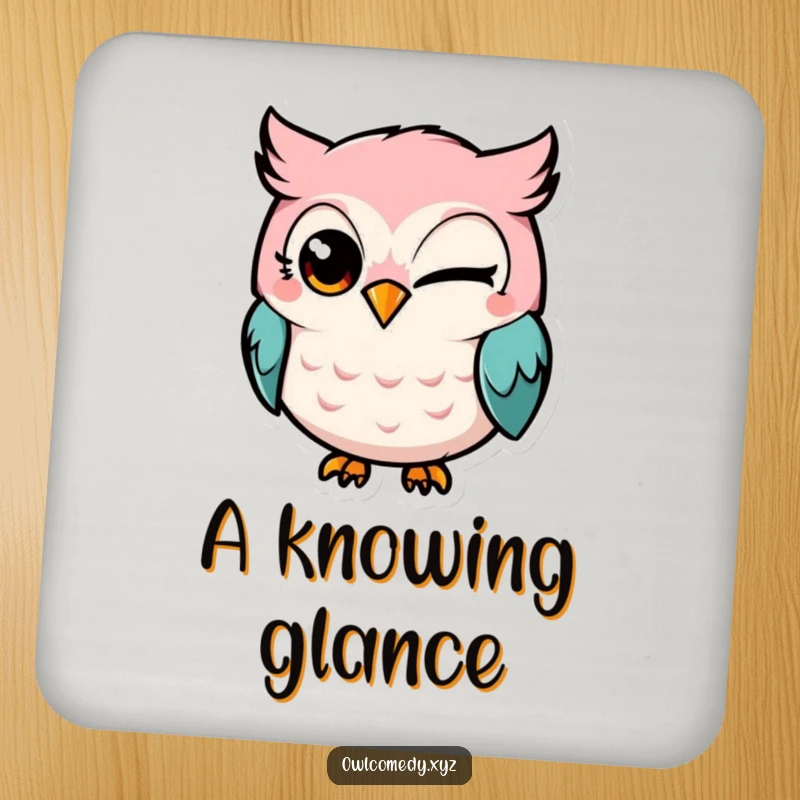 Funny Kawaii owl drink coaster, owl winking mischievously, protecting table, playful accessory, durable.