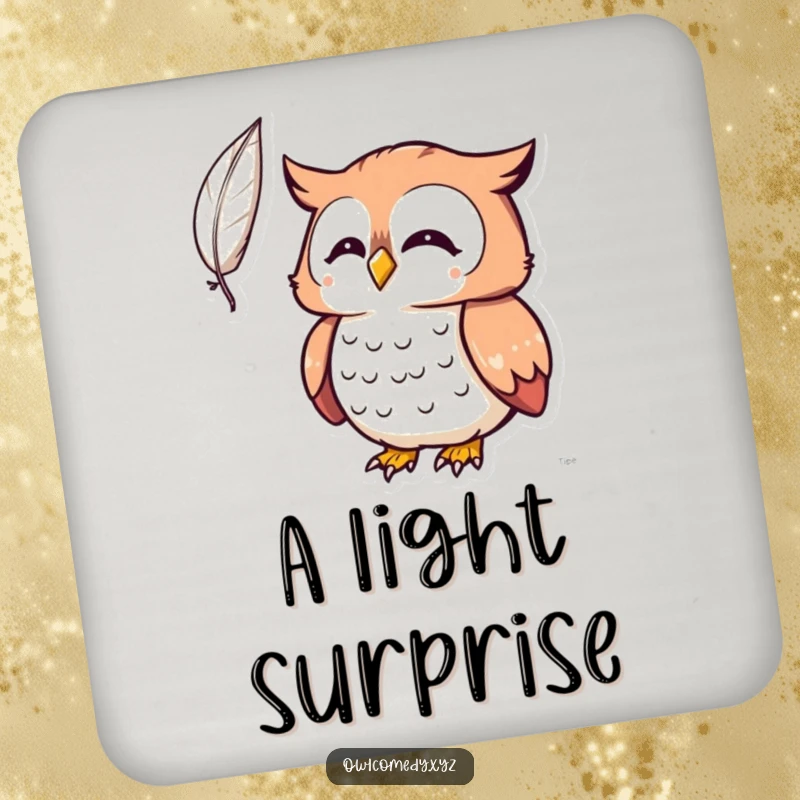 Funny Kawaii owl drink coaster, owl surprised by a feather, protecting table, whimsical accessory, durable.