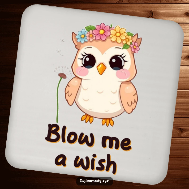 Funny coasters featuring a giggling owl with a flower crown, blowing dandelion seeds, protecting surfaces with whimsical art.