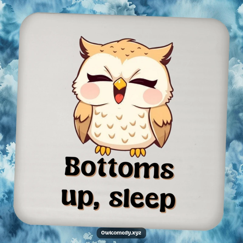 Protective drink coaster featuring a funny sleepy owl yawning widely with a tiny giggle. Cute home accessory.