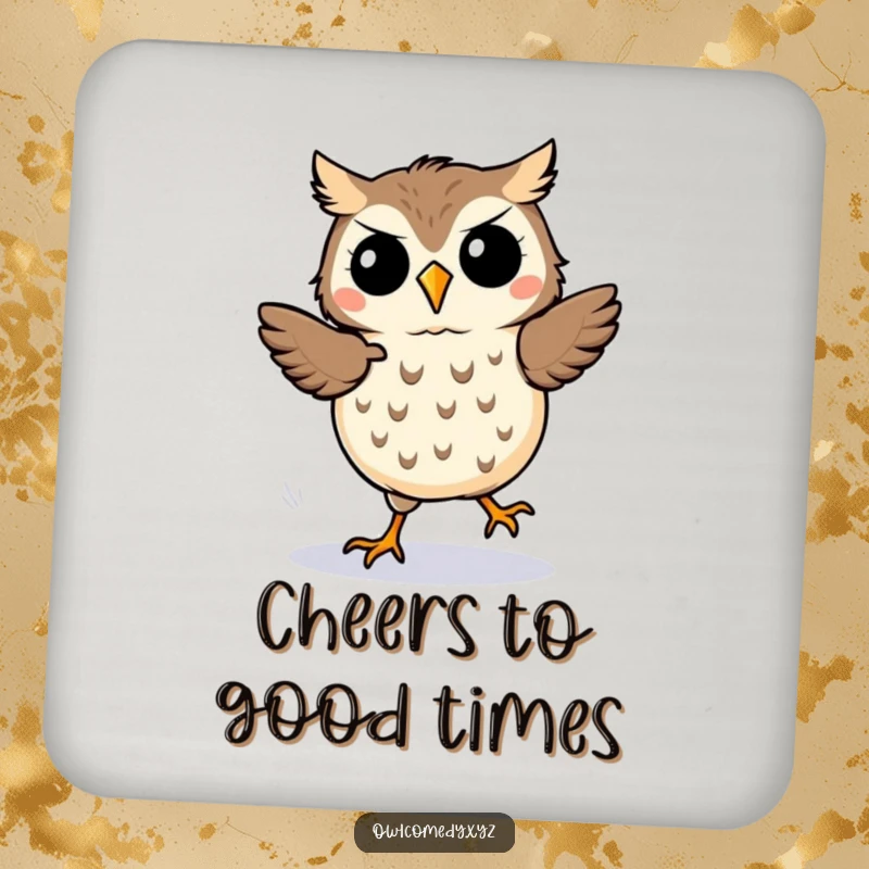 Funny kawaii owl drink coaster, an owl doing a happy jig with motion lines, adding a fun touch.
