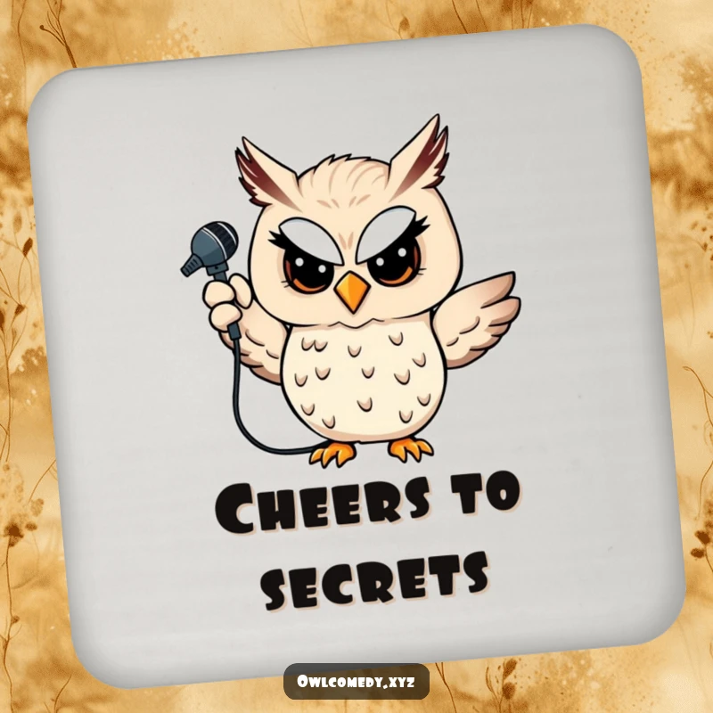 Funny owl drink coasters with a winking owl and microphone design, protecting tables with humor and star quality, a great funny gift.