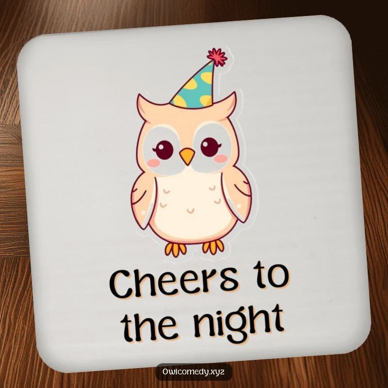 Funny Kawaii owl drink coaster, owl wearing party hat, festive protection, humorous accessory, durable.