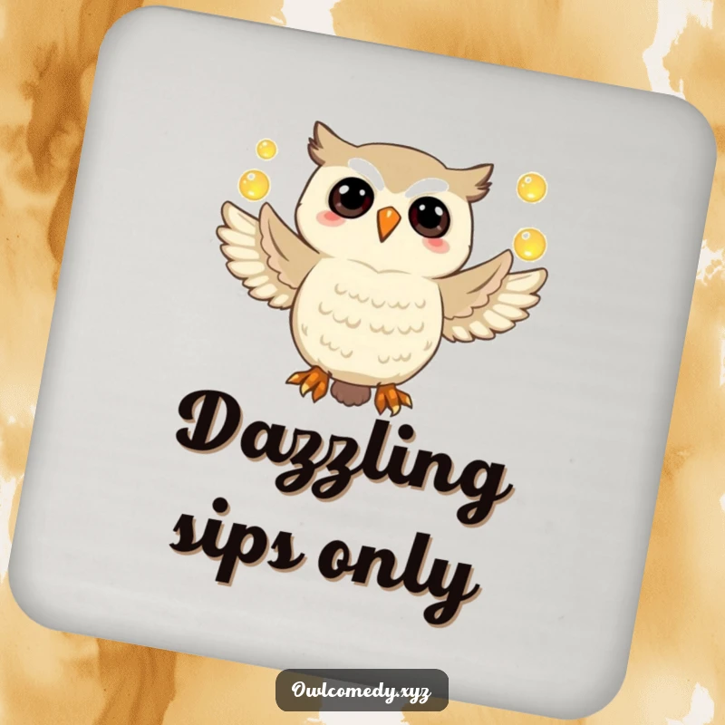 Funny owl coaster featuring a jubilant owl juggling glowing orbs, a protective and amusing addition to any table.