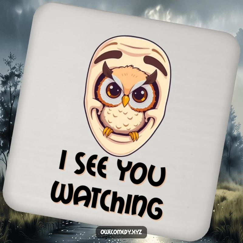Funny curious owl peeking from a comedy mask on a drink coaster, adding witty protection to surfaces.