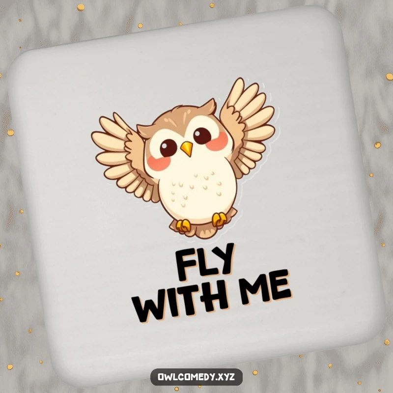 Funny joyful owl swooping with wide wings spread on a drink coaster, conveying happiness and freedom.