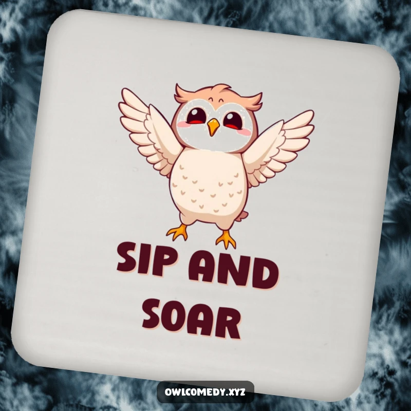 Funny Kawaii owl coaster with a character joyfully flapping its wings, protecting surfaces with a playful design.