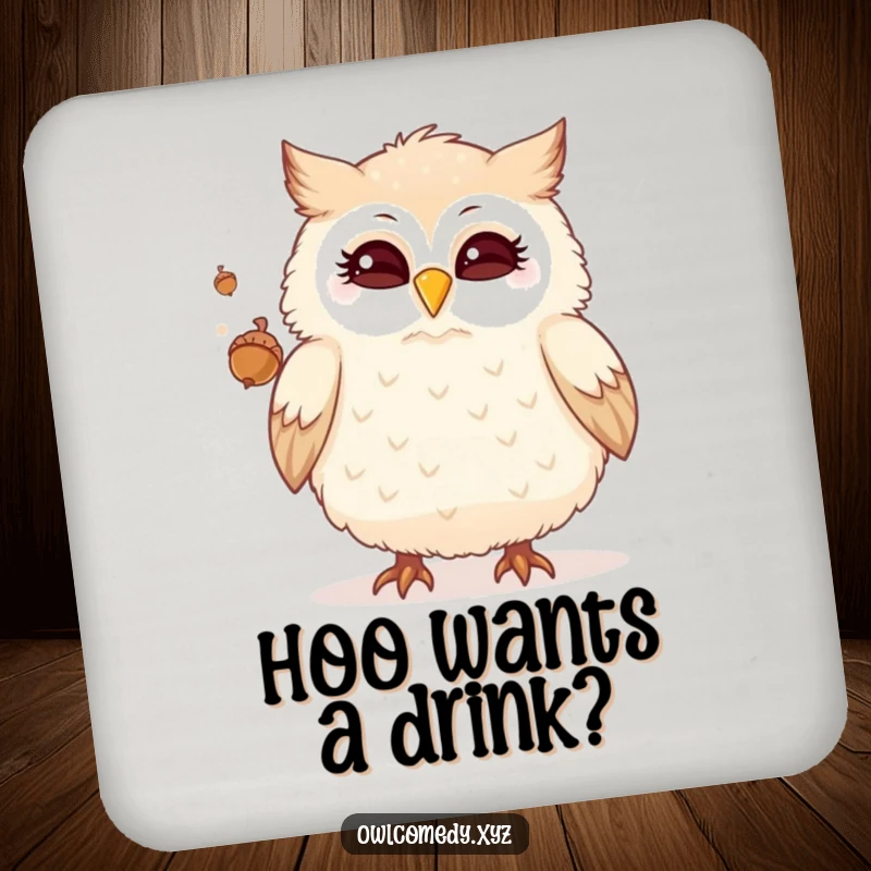 Funny drink coaster featuring a fluffy owl winking and juggling acorns, adding humor and elegance to drink service.