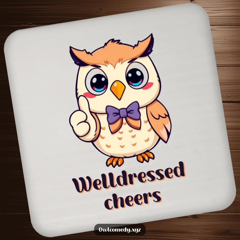 Funny smiling owl wearing a bow tie, giving a thumbs up, adorning this humorous and functional coaster to protect your tables.