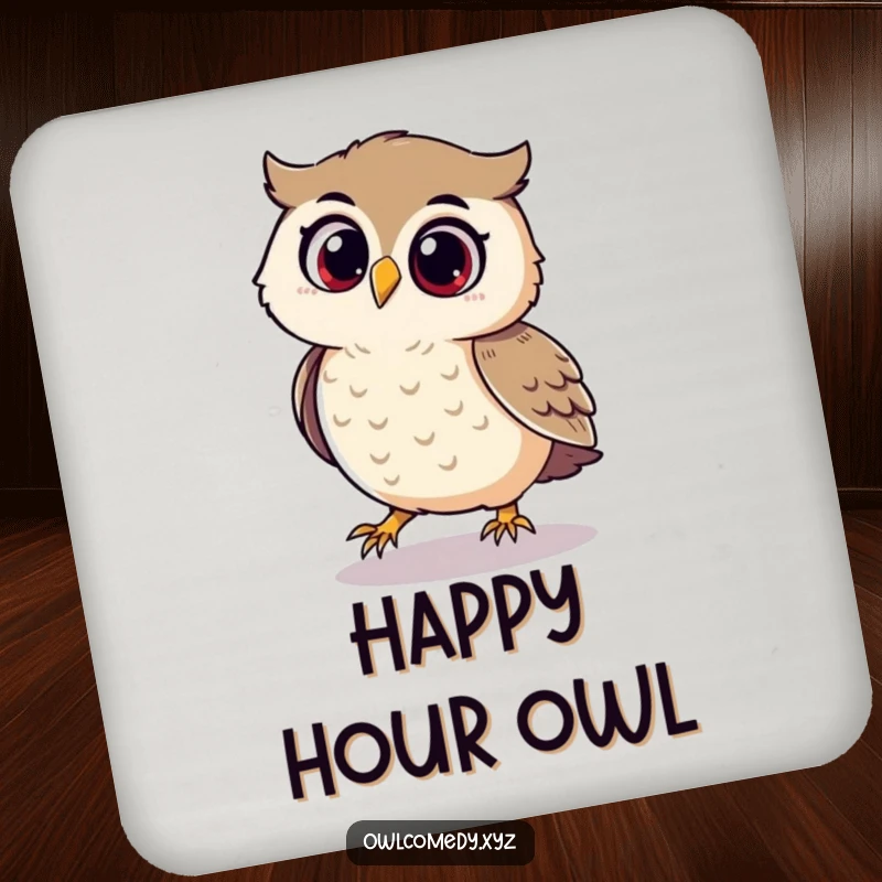 Funny drink coaster with a playful owl looking delighted while chasing its shadow.