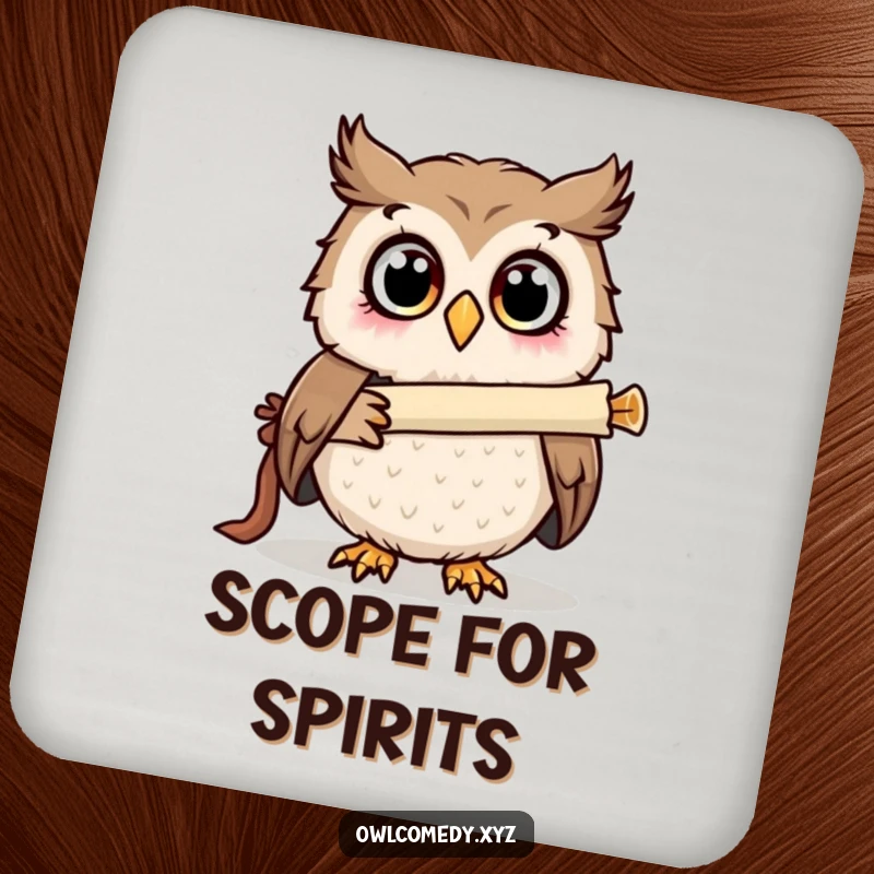 Funny surprised owl looking through a scroll telescope on a drink coaster, wide eyes showing wonder, a humorous item.