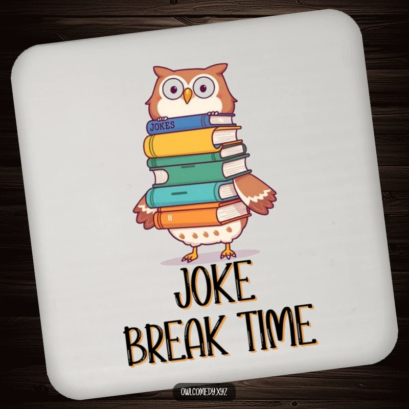 Funny owl balancing joke books on its head on a drink coaster, looking focused, a humorous and practical item.
