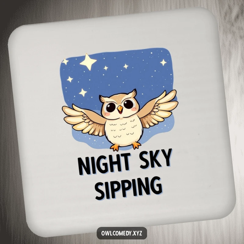 Funny drink coasters featuring a joyful owl with outstretched wings soaring through a starry night sky, adding charm.