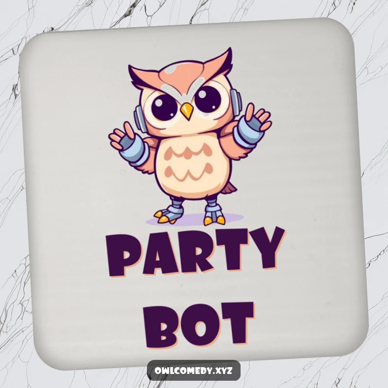 Funny Kawaii owl coasters featuring a cute owl doing the robot dance with sharp, energetic movements, protecting surfaces with humor.