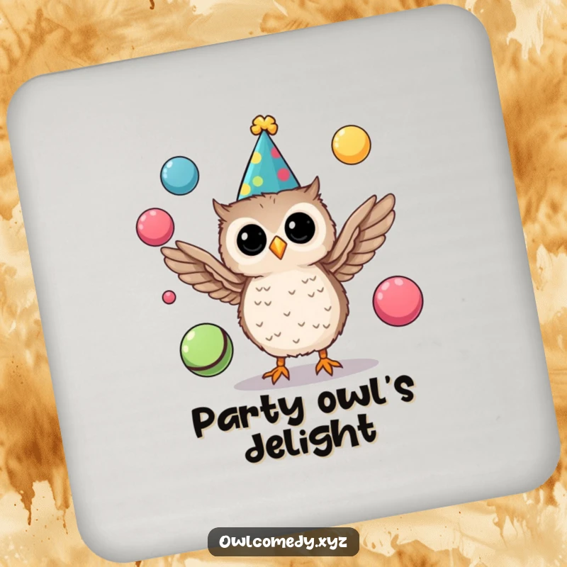 Funny drink coasters featuring a tiny owl wearing a party hat and juggling colorful balls with its wings, adding cheer.