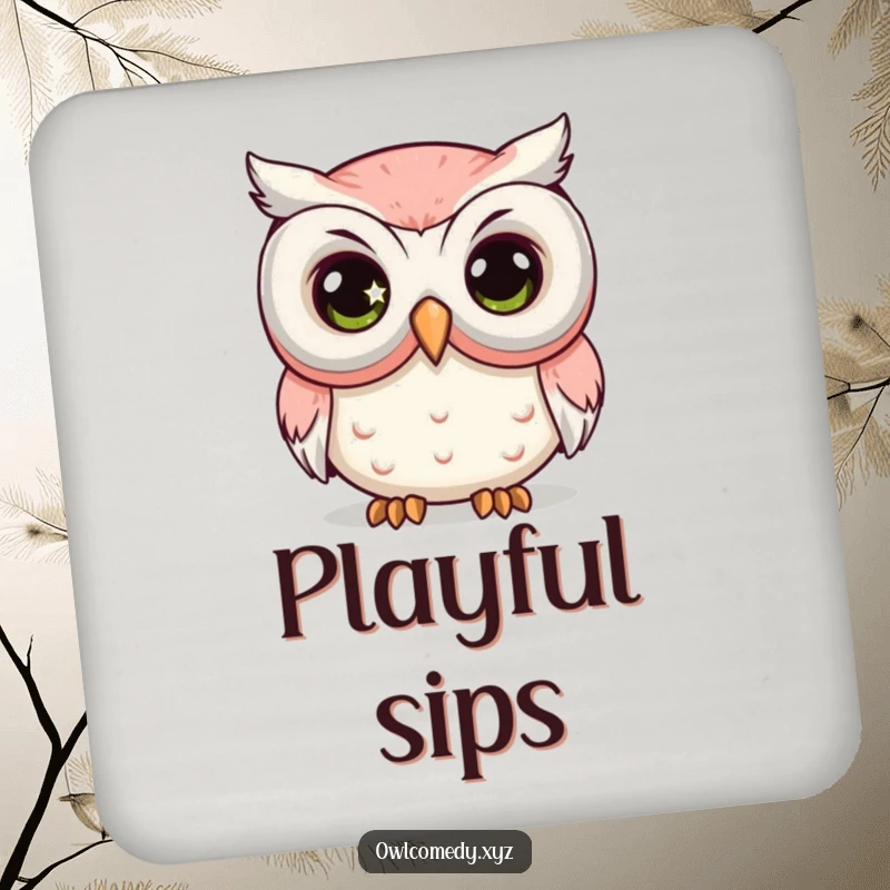Funny Comedy Mask Owl Coaster with a kawaii owl's large, sparkling eye peeking from behind a big comedy mask.