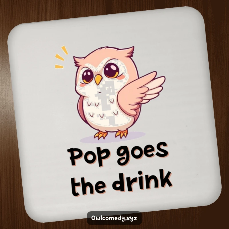 Funny startled kawaii owl coaster, with one wing outstretched reacting to a popping sound, a humorous and protective drink accessory.