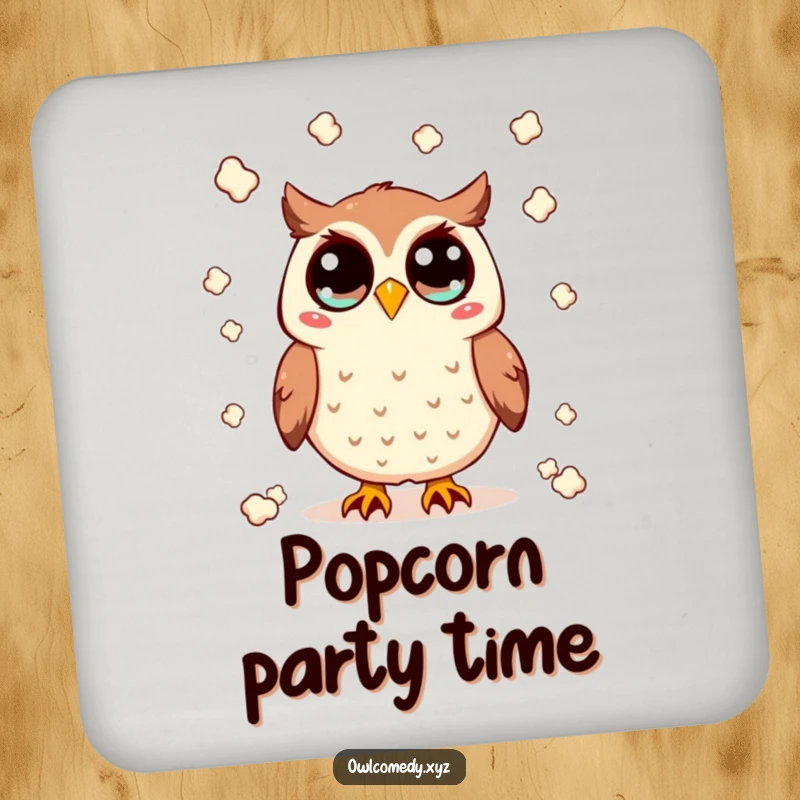 Funny Kawaii owl coaster with wide eyes, tossing popcorn, adding a humorous and protective element to drink surfaces, ideal for gifting.