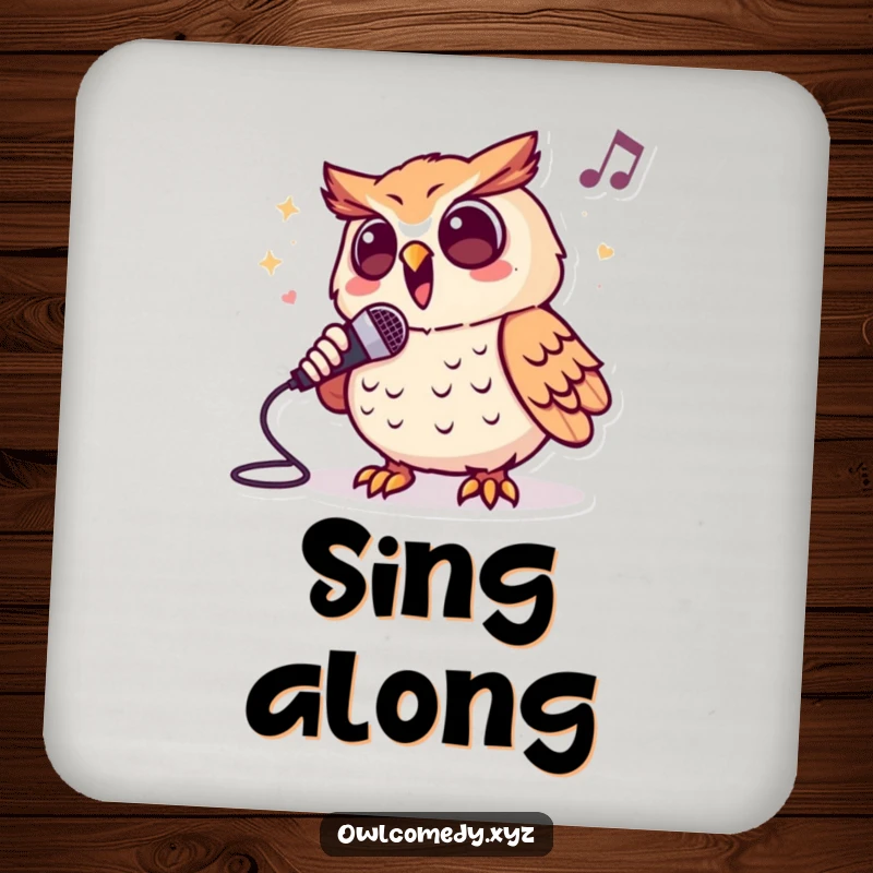 Funny drink coaster with an enthusiastic owl character singing into a microphone, protecting surfaces with a musical theme.