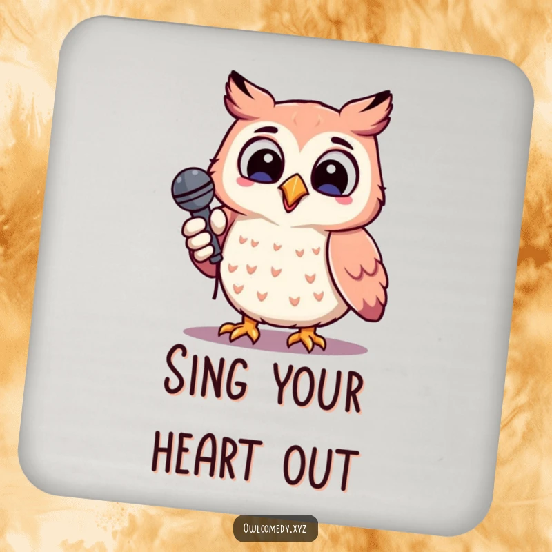 Funny cheerful kawaii owl holding a microphone, head tilted, singing, drink coaster, protection, music, cute.