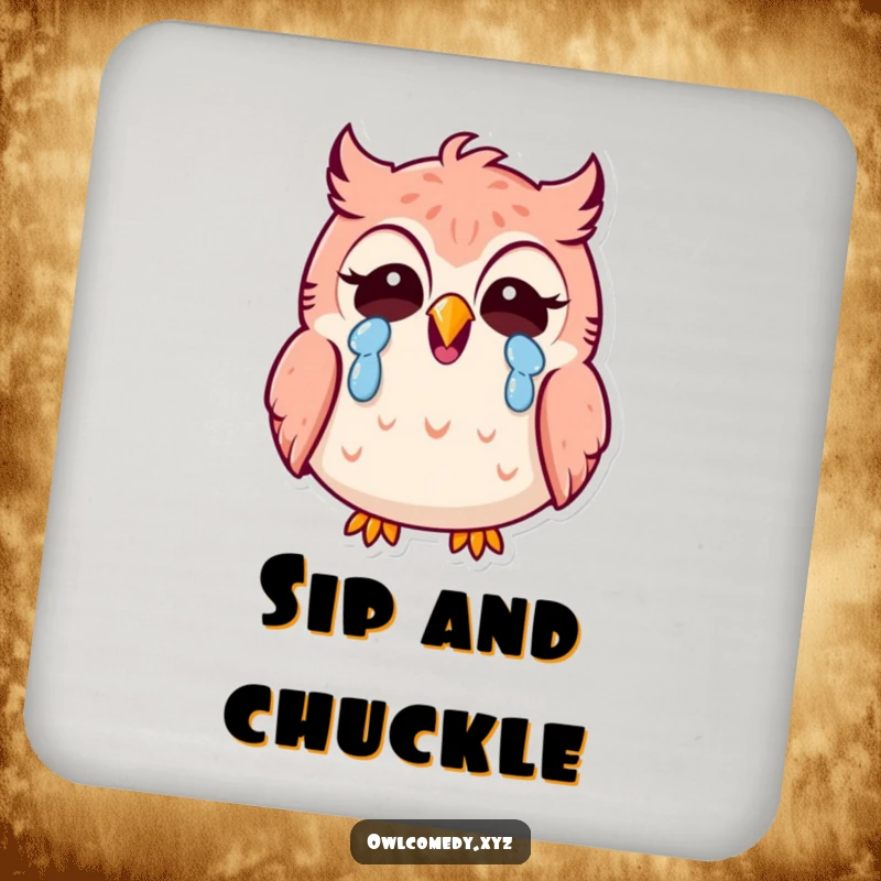 Funny Kawaii owl drink coaster, owl laughing hysterically, protecting table, humorous accessory, durable.