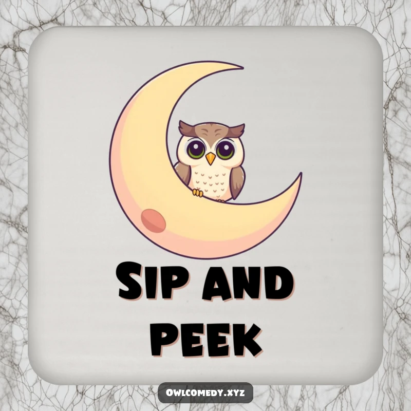 Funny drink coasters featuring a curious owl peeking from behind a smiling crescent moon, adding a touch of fun.