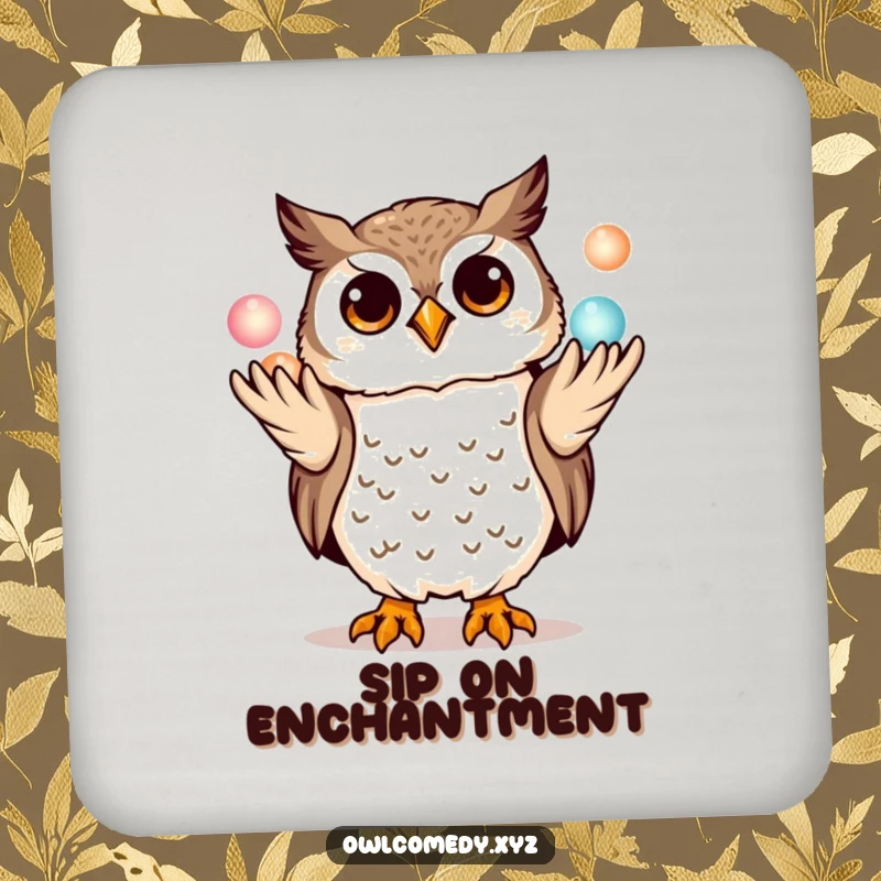 Funny kawaii owl coaster, playfully juggling three miniature glowing orbs with its talons, a humorous and protective drink accessory.