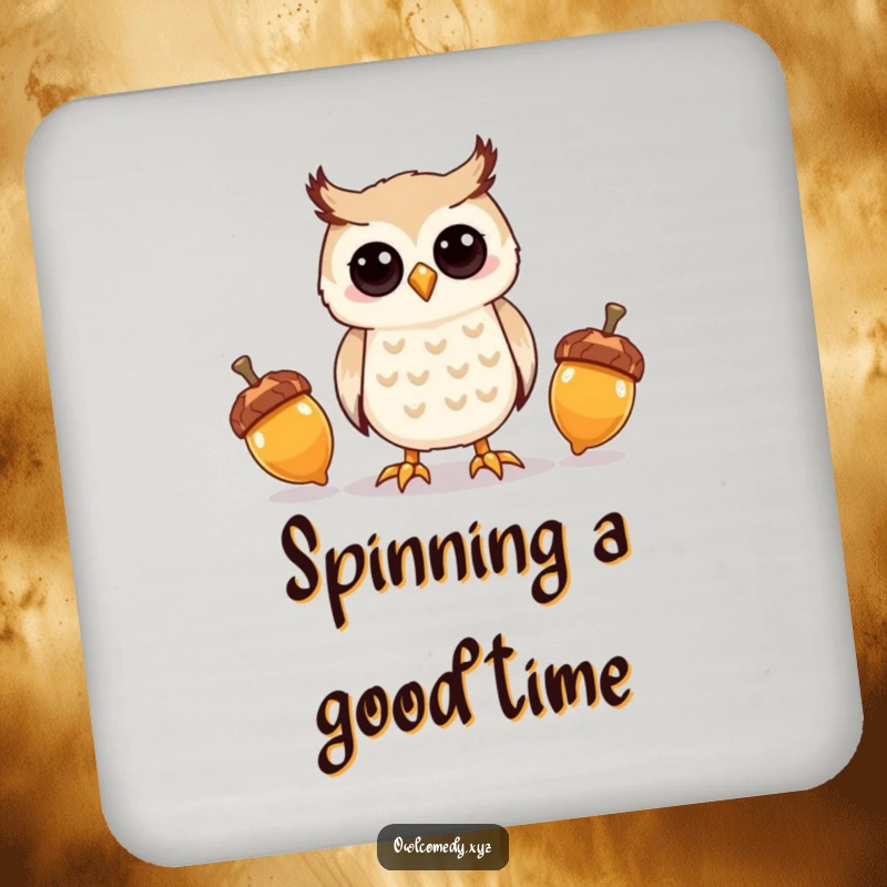 Funny kawaii owl attempting to juggle three shiny acorns, on a protective drink coaster.