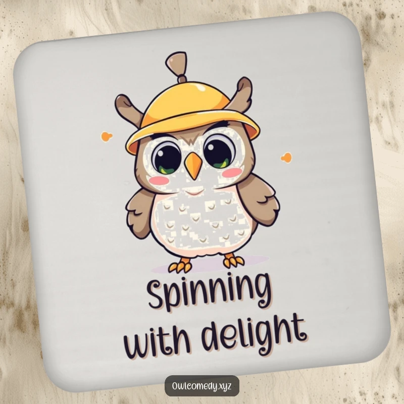 Funny kawaii owl drink coaster, an owl with a spinning propeller hat, looking surprised and delighted.