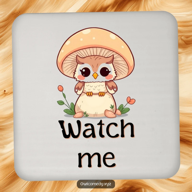 Funny Kawaii owl winking from behind a giant mushroom, adorning a set of drink coasters.