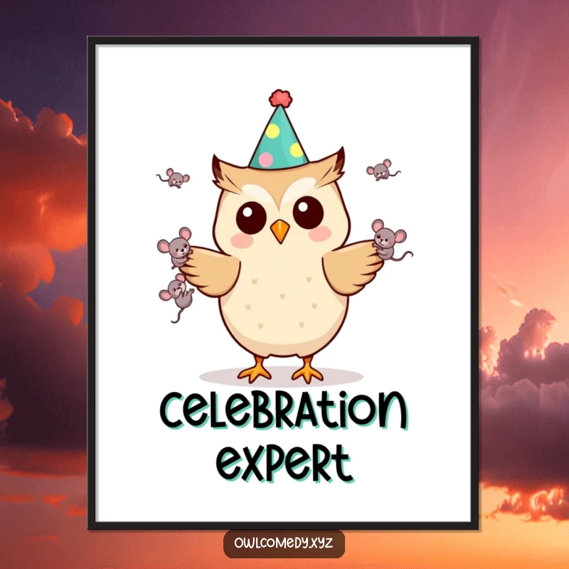 Funny Kawaii owl poster, adorned with a party hat and juggling mice, creating humorous and whimsical wall art, an excellent gift.